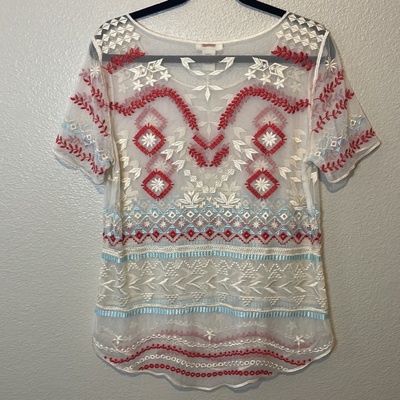 Sundance Sheer Cream Embroidered Boho Short Sleeve Blouse | Size Medium - Picture 5 of 7